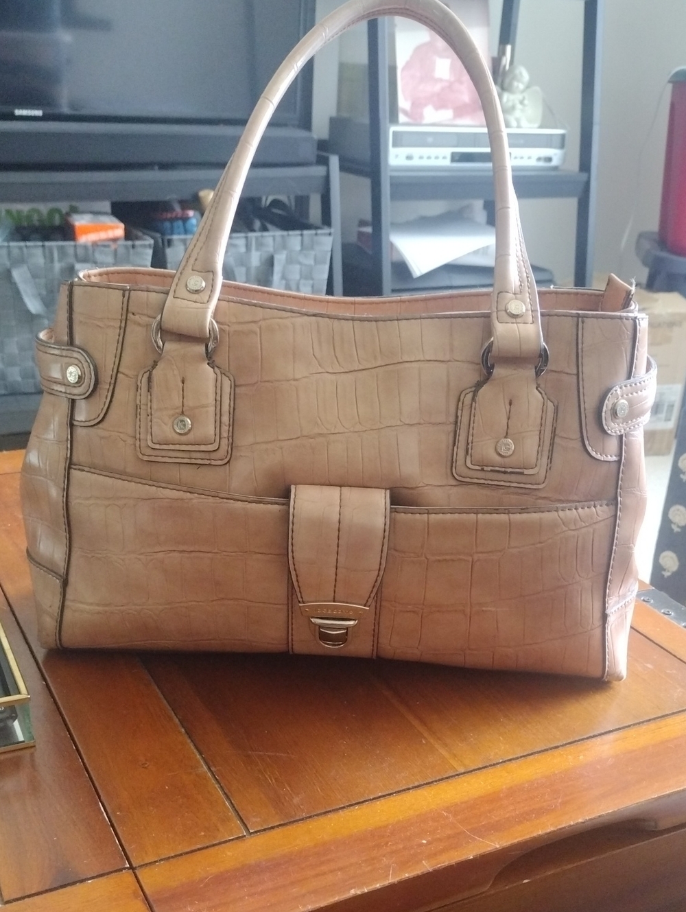 Liz Claiborne Leather Croc-Embossed Tote Bag in Tan
